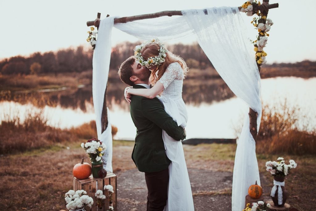 Couple kissing on their wedding day